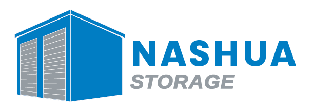 the logo for nashua storage with a blue building